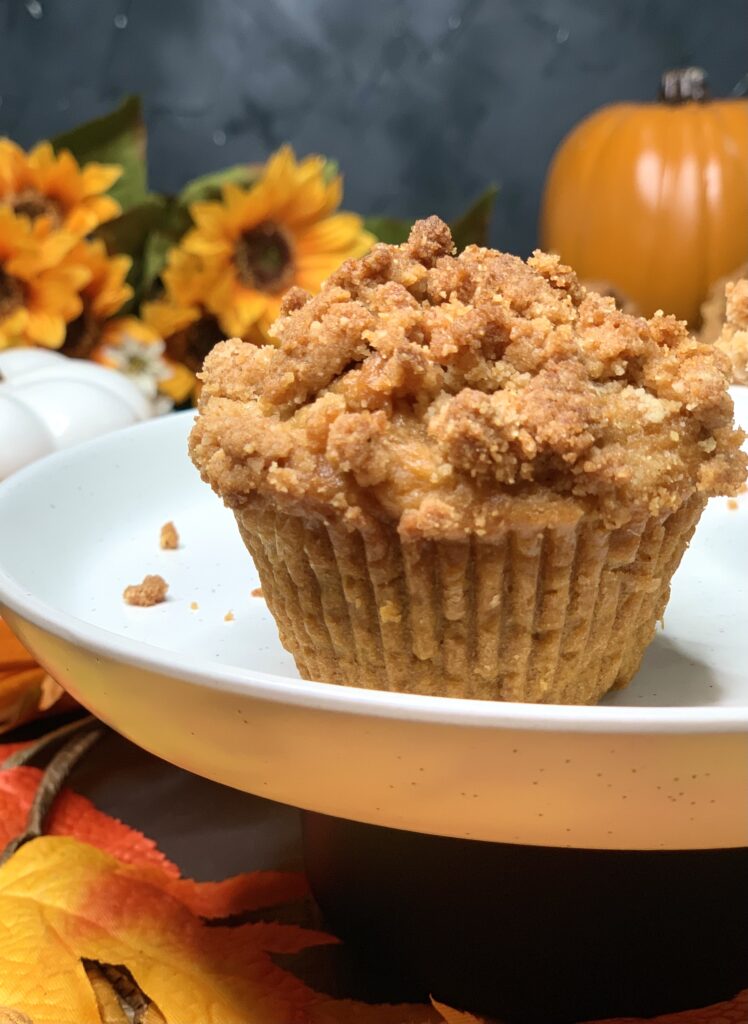 single muffins close up with streusel top.