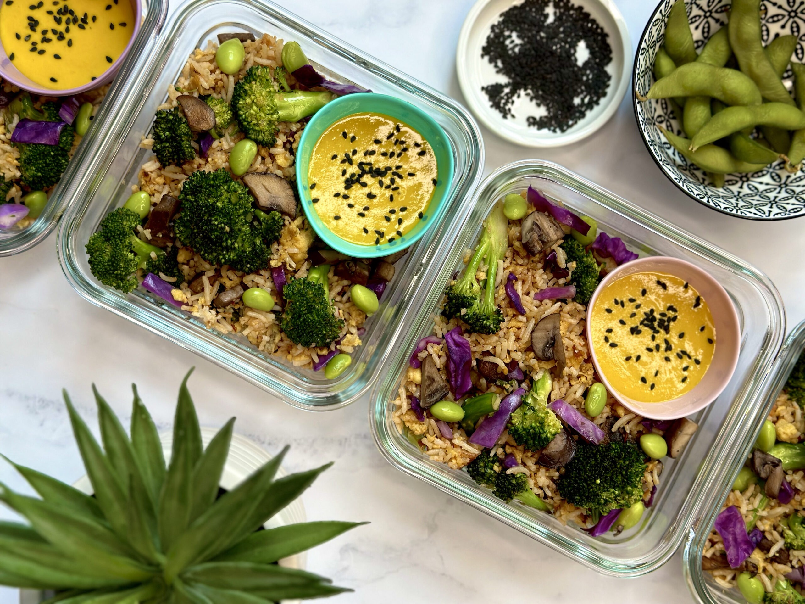 4 meal prep glass containers with fried rice, mushrooms, onions, purple cabbage, broccoli and edamame. Also with a little container of miso turmeric dressing on the side. 