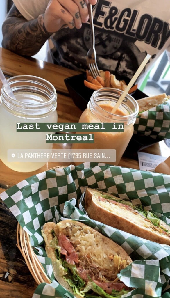 Vegan food from Panther verte - sandwich loaded with veggies, poutine