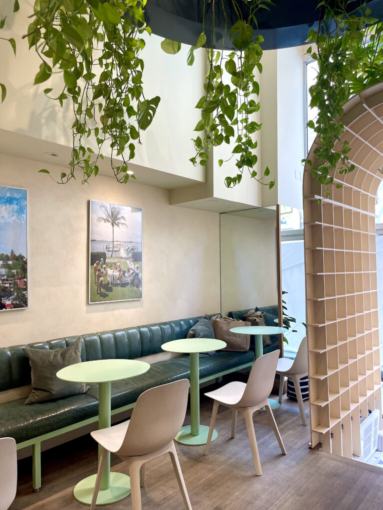 cafe livia decor. white walls, green booth benches, green tables, white chairs. Lush green plants in fixture hanging from ceiling.