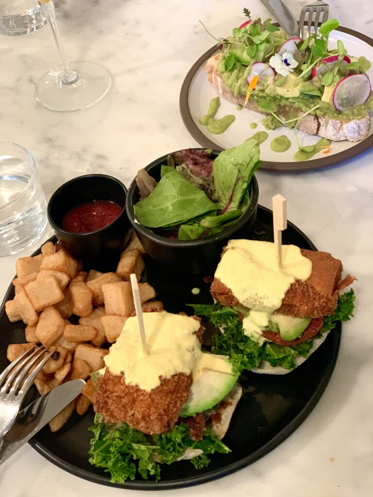 vegan food from lov - tofu Benedict and avocado toast. 