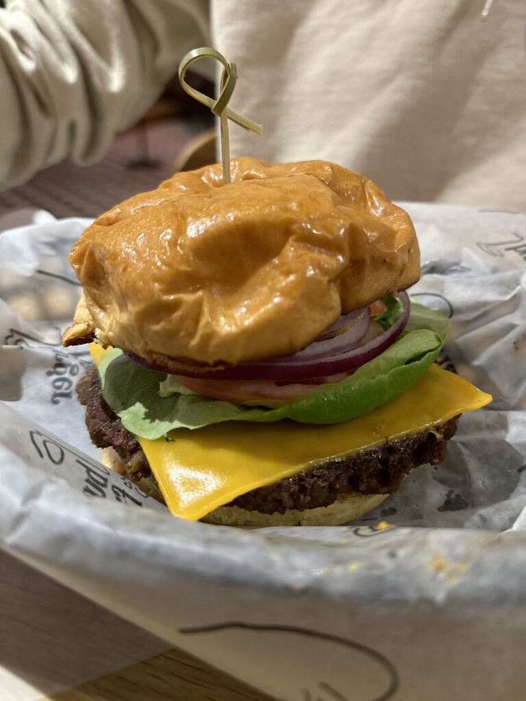 Burger Fiance vegan food. Patty with vegan cheese, lettuce, onion, tomato, and sauces. 