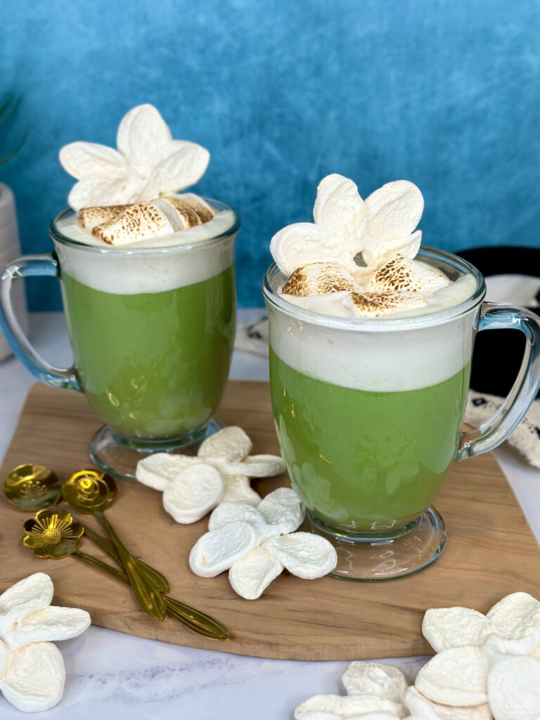 Toasted Marshmallow Matcha Latte with torched marshmallows and a bake marshmallow flower.