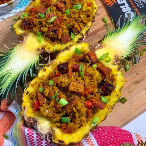 sweet bbq fried rice in a pineapple bowl