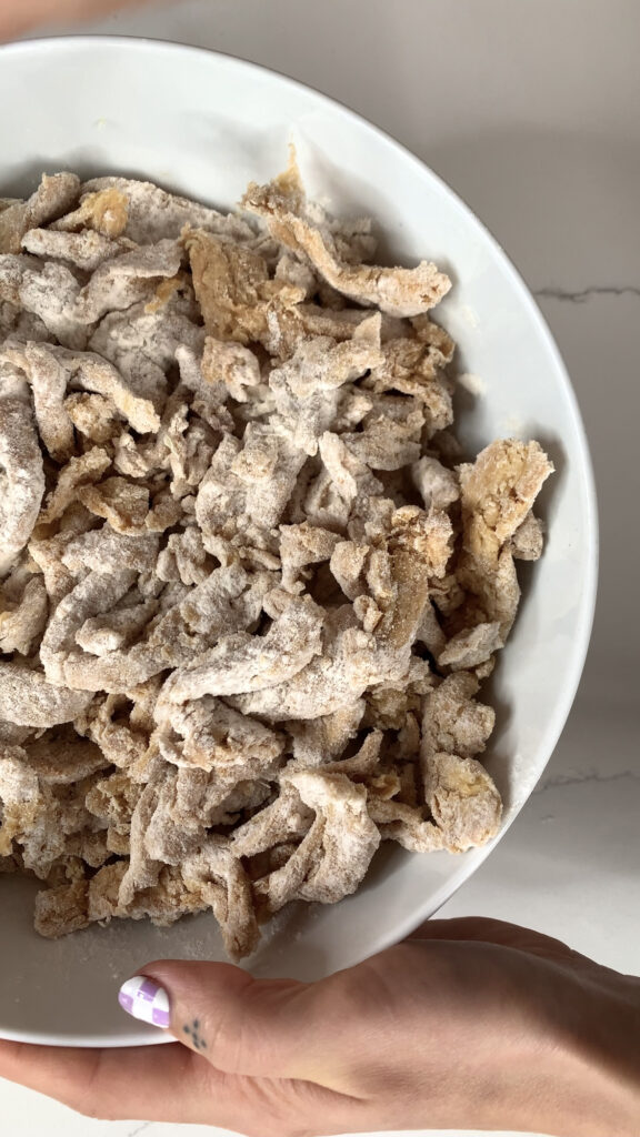 soy curls sprinkled with flour before frying.