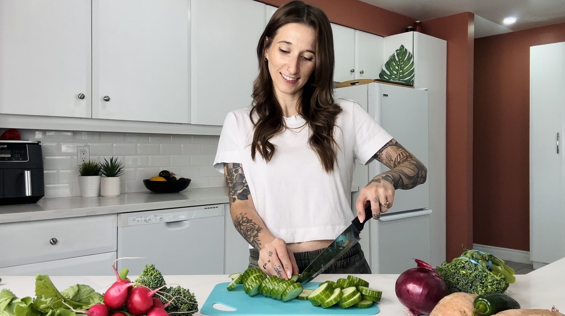 woman cutting produce