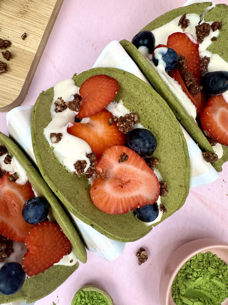 close up photo of matcha pancake taco