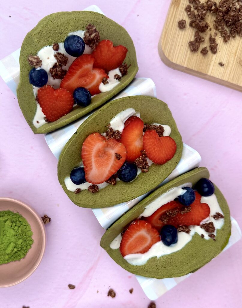 tray of 3 matcha pancake tacos