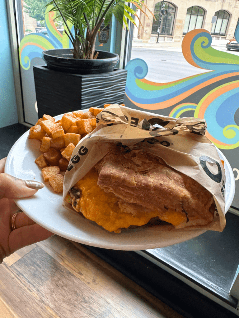 Vegan breakfast sandwich on chive biscuit 