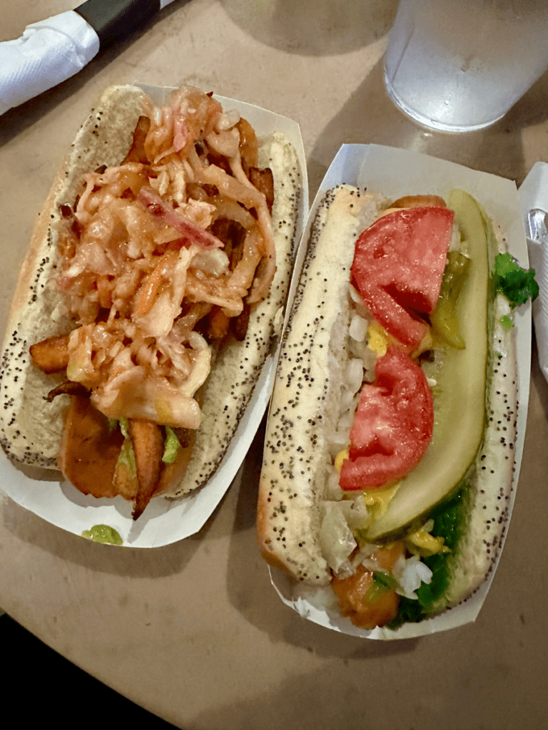 Vegan food options at D's Six Packs and Dogs: Chicago and Hot Valentine 