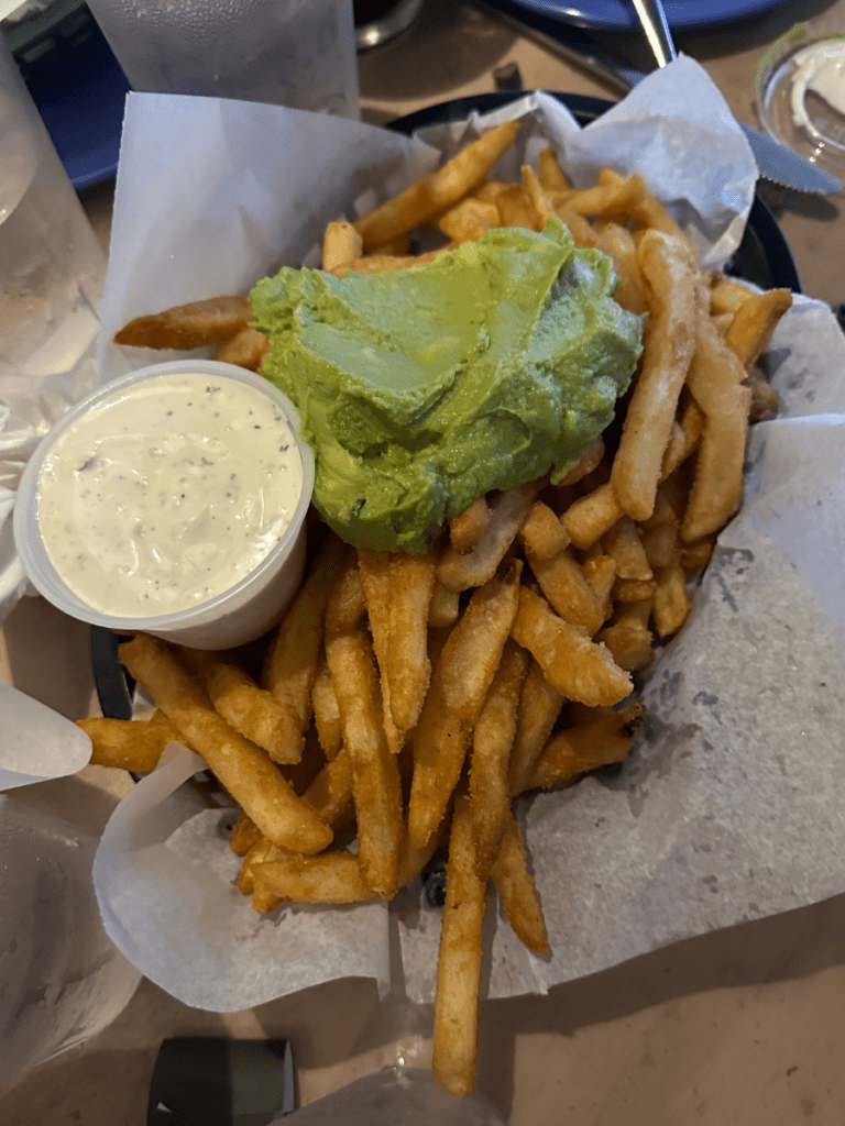 Fries with creamy avocado and vegan ranch 