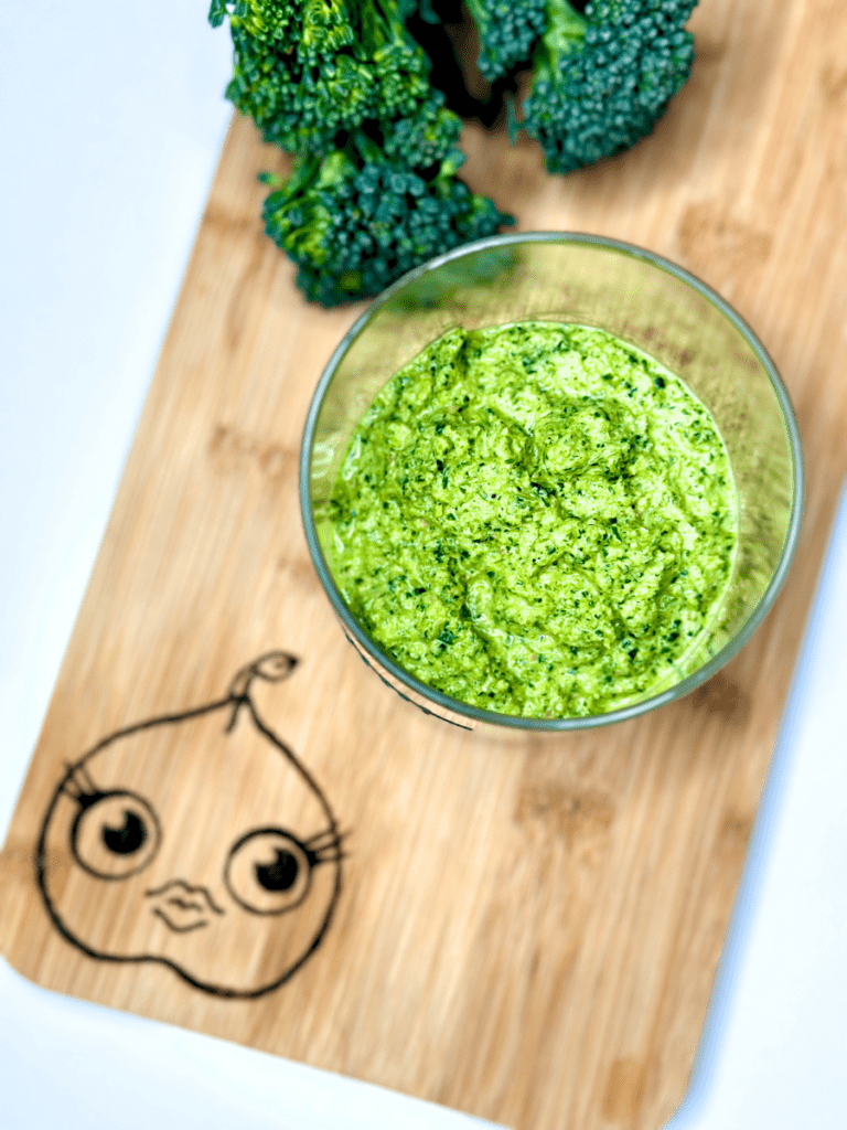 Overhead shot of vibrant broccoli basil pesto