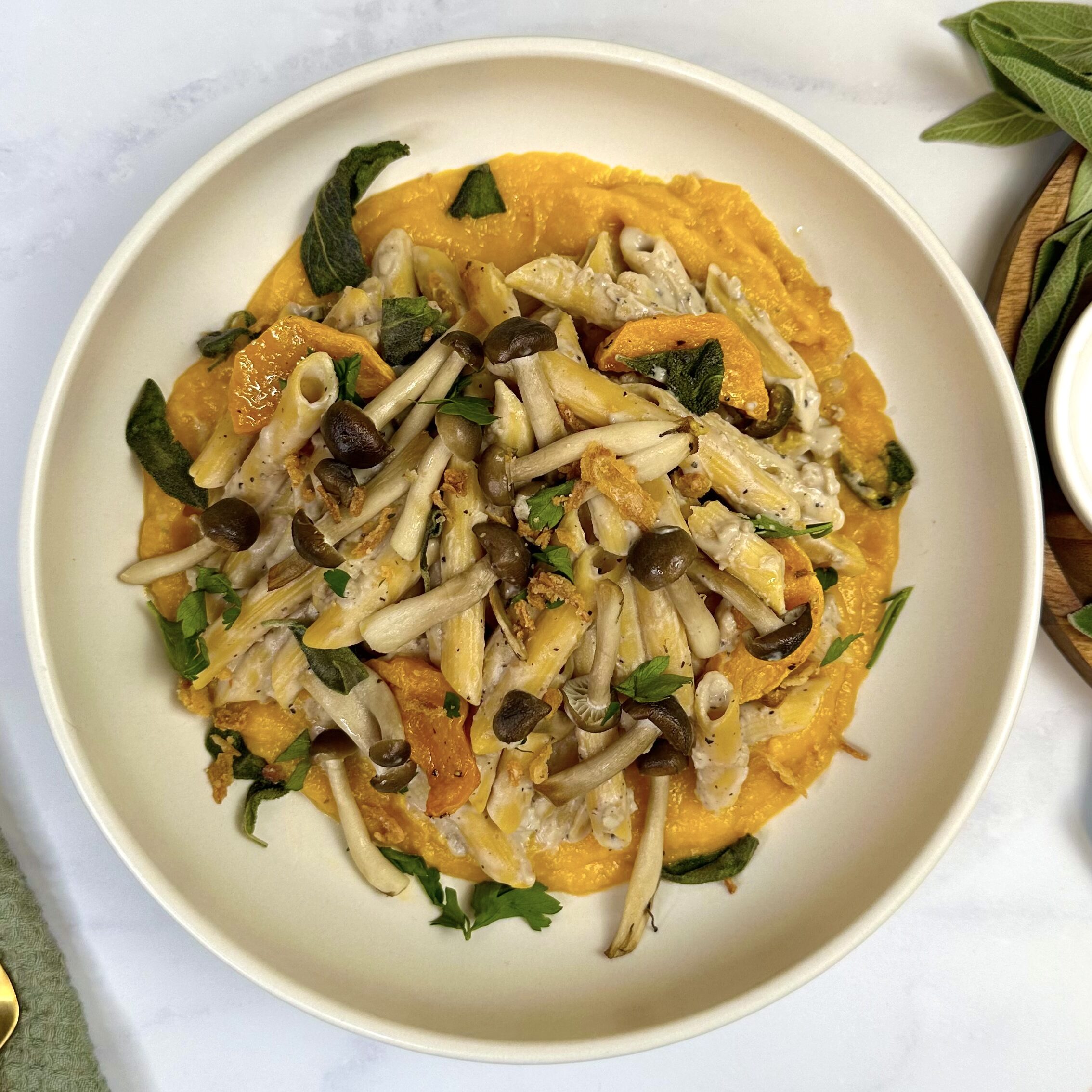 Miso Butternut Squash Carbonara Pasta with mushrooms, parsley, sage, crispy onions