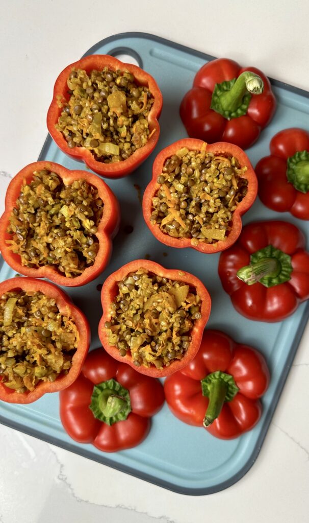 Five red peppers stuffed with delicious Moroccan Inspired flavours.