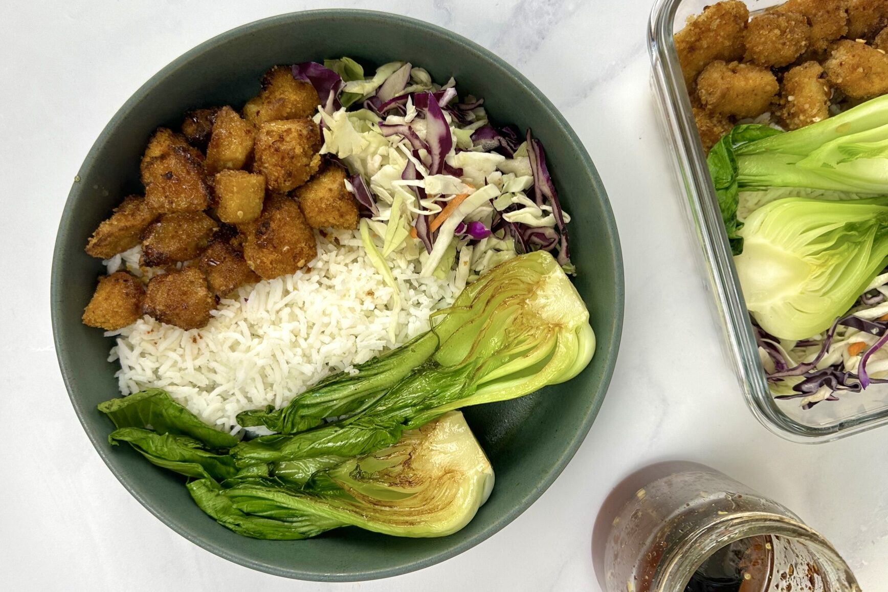 bowl of vegan hot and honey crispy tofu meal prep 