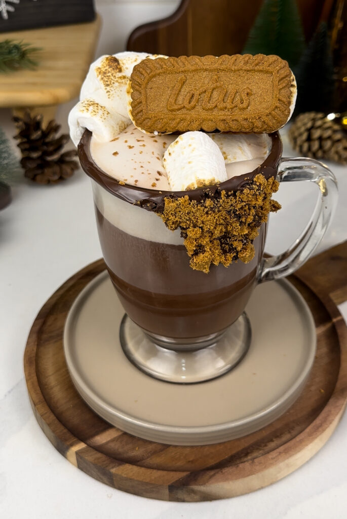 biscoff s'mores hot chocolate with chocolate rim, toasted marshmallows, biscoff s'mores cookie topper