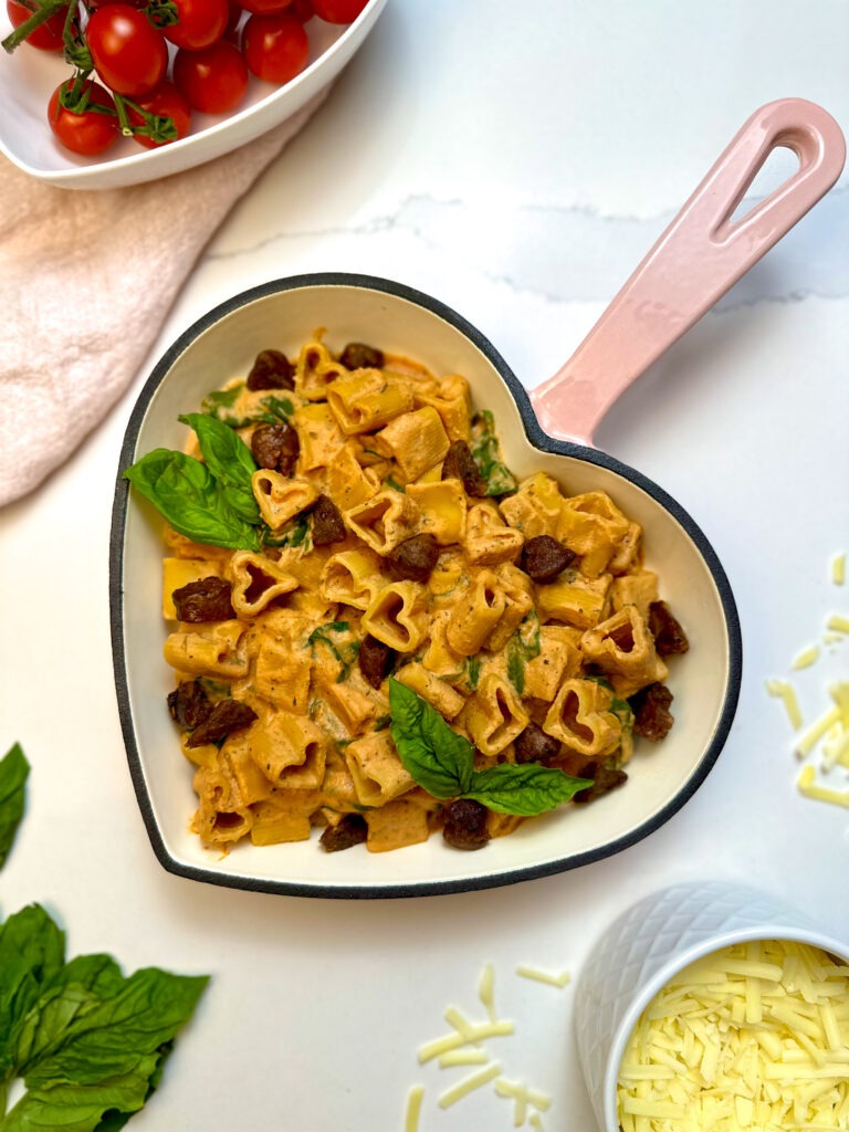 High-Protein Vegan Rosé Pasta in a Heart Shape cast iron pan