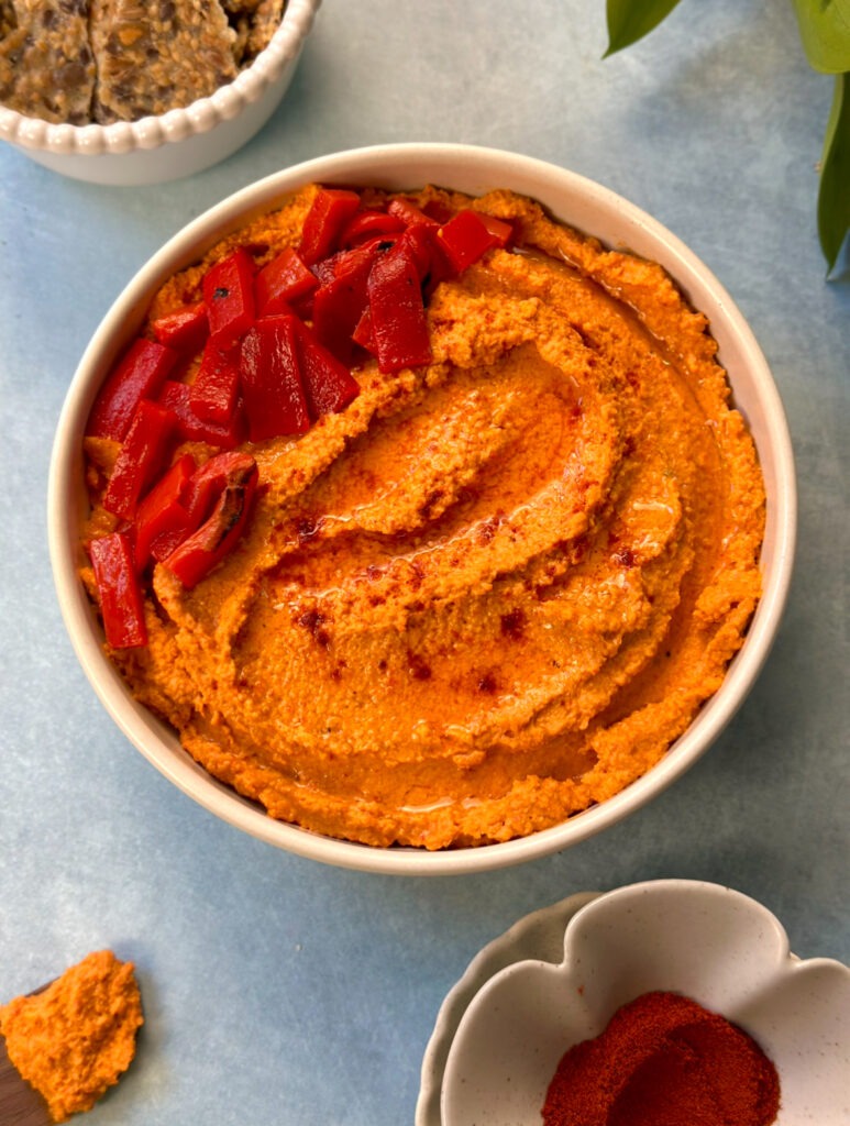 roasted red hummus in a bowl