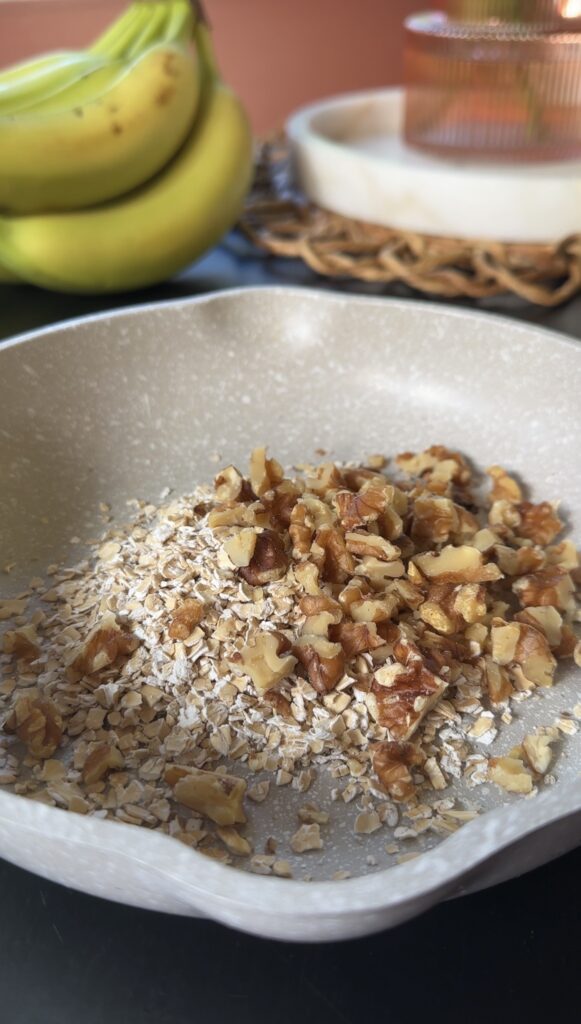 pour walnuts into the pan