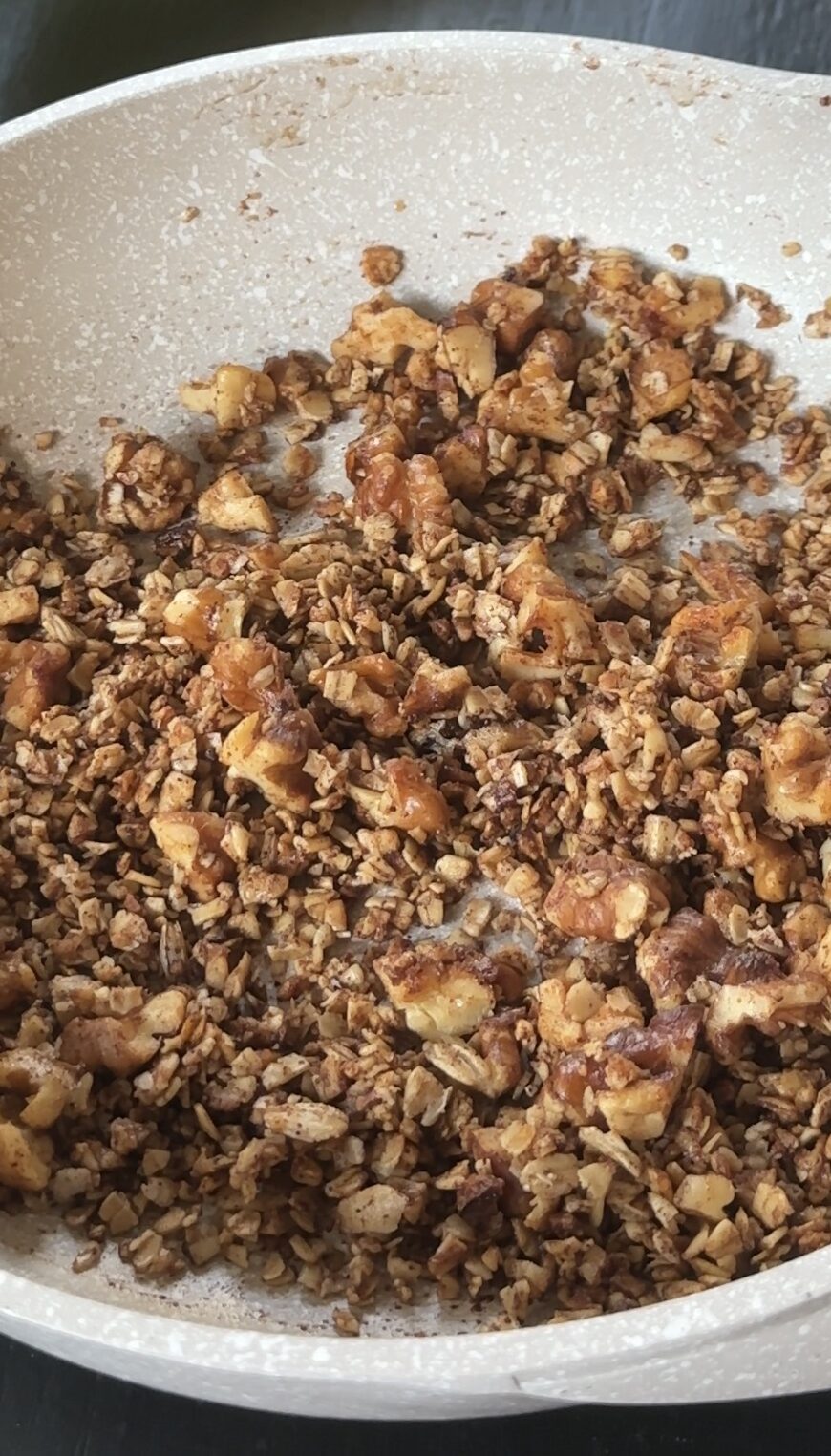 close up of banana bread crumble golden and crispy from being pan fried